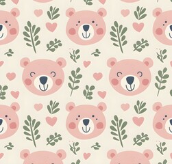 Cute pink bear face pattern with hearts and leaves, pastel colors, seamless design