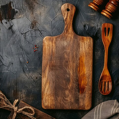 kitchen wooden board with wood spoon with black texture background generated by AI