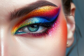 Detailed closeup of vibrant rainbow eyeshadow artistry on a woman's eyelid