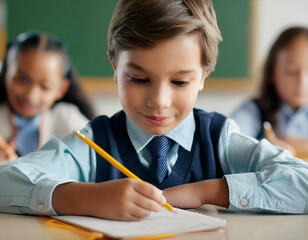 Primary school, boy in classroom, close-up on pencil, concept of education and school life