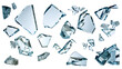 © Gomez - Shards of shattered glass. Pieces of broken glass isolated. Transparent background PNG. Pen tool cutout. Side by side of various broken glass pieces of several shapes and sizes