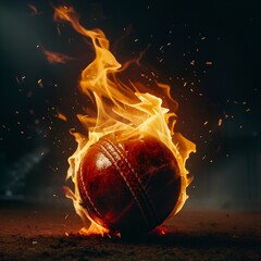 Cricket ball on fire Cricket World Cup A fiery cricket ball in motion during a match Flying cricket ball in burning flames Burning cricket ball with bright flame splash flying on black background