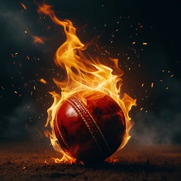 Cricket ball on fire Cricket World Cup A fiery cricket ball in motion during a match Flying cricket ball in burning flames Burning cricket ball with bright flame splash flying on black background