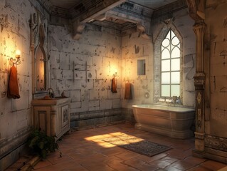 Wall Mural - Medieval bathroom with stone arches and architecture, capturing the essence of ancient times