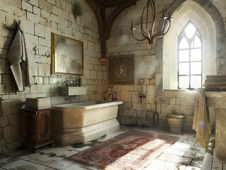 Wall Mural - Medieval bathroom with stone arches and architecture, capturing the essence of ancient times