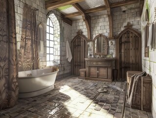 Wall Mural - Medieval bathroom with stone arches and architecture, capturing the essence of ancient times