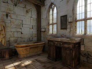 Wall Mural - Medieval bathroom with stone arches and architecture, capturing the essence of ancient times