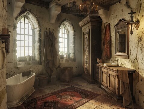 Medieval bathroom with stone arches and architecture, capturing the essence of ancient times