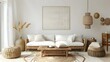 Contemporary living room featuring a rattan sofa against a white wall. Concept Living Room Decor, Rattan Furniture, Modern Design, White Wall, Interior Styling