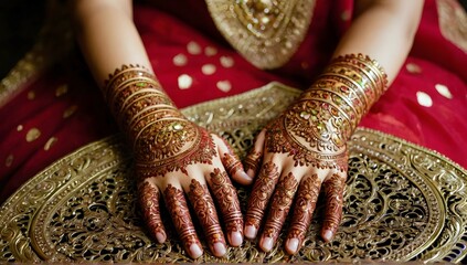 Indian wedding bangles and mehandi henna coloured hands with reflective ornament