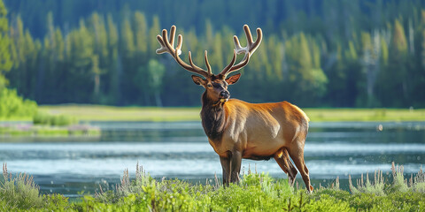 elk on a background of summer nature Yellowstone National Park