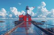 This striking vector illustration showcases the bold red lighthouse at Halifax's Pier 21, reflecting on wet pier boards under a cloud-filled sky.