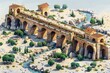 This AI-generated art provides an isometric view of the ancient Pont du Gard, a masterpiece of Roman engineering. AI Generated.