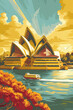 AI Generated vector scene of Sydney Opera House with autumn foliage and a ferry, showcasing the waterfront's dynamic elegance under a golden sky.
