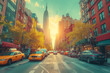 A warm, sunset-lit New York street captured in a detailed vector illustration, bustling with urban life. AI Generated