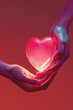 A glowing heart held in hands against a crimson backdrop, symbolizing the warm embrace of care. AI Generated