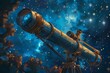 A weathered telescope with a lens reflecting a galaxy provides a mesmerizing view into the cosmos. AI Generated.