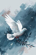 A white dove with an olive branch signifies peace against a serene blue backdrop, creating a harmonious scene in this AI-generated vector artwork
