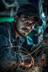 Wall Mural - A skilled electrician is pictured working on a machine inside a factory. He is focusing on repairing electrical wiring to ensure the smooth operation of the equipment in the industrial setting