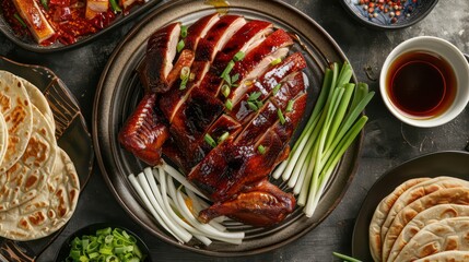 A gourmet plate featuring roast duck, fresh tomatoes, and a vibrant salad, creating a delicious and healthy dinner dish