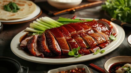 Wall Mural - A gourmet plate featuring roast duck, fresh tomatoes, and a vibrant salad, creating a delicious and healthy dinner dish