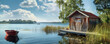 Serene Lakeside Retreat: Rustic Wooden Cabin and Rowboat at Tranquil Finnish Lake