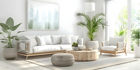 Sticker - Airy and Bright Living Room Decor with White Walls, Light Wood Furniture, and Plants. Concept Interior Design, Living Room Decor, Home Styling, White Walls, Light Wood Furniture, Plants