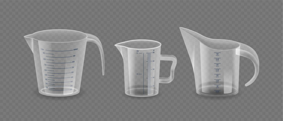 Three Different Clear Measuring Cups or Jugs. Kitchen Devices Isolated On Transparent Background, Jugs For Measurement