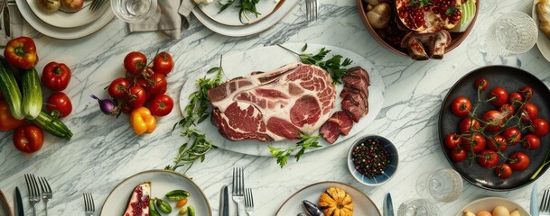 Wall Mural - meat and seafood and vegetables on the table, a marble table top