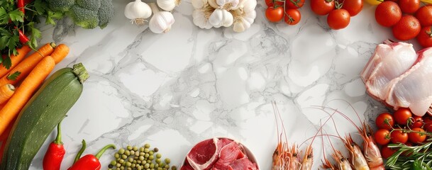 Wall Mural - meat and seafood and vegetables on the table, a marble table top