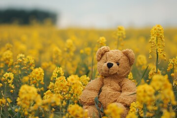 Cute Teddy Bear Holding a Yellow Flower in a Sunny Field
