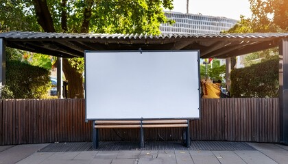 A horizontal blank information banner is placed near a wooden stage in an urban setting.