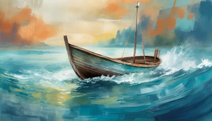 Wall Mural - Abstract color painting of boat on sea with grunge brushstroke texture.color wallpaper patte