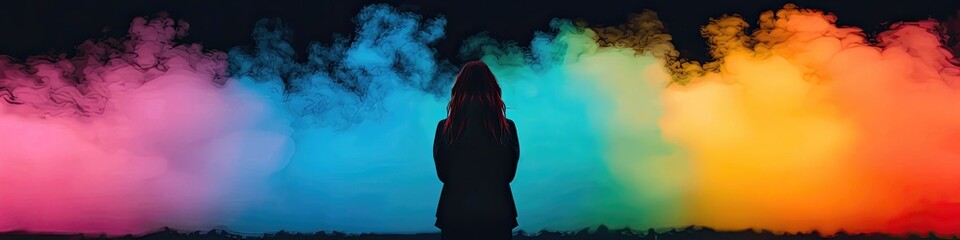 A woman stands in front of a colorful smoke trail