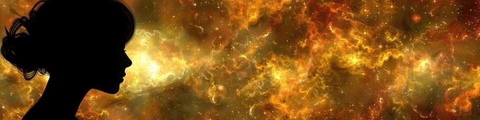 Wall Mural - A woman is depicted in a yellow background with a glowing, fiery atmosphere
