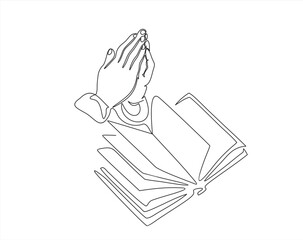 Wall Mural - Continuous one line drawing of religious hand praying with bible in silhouette on a white background. Linear stylized.