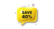 3d speech bubble icon. Save 40 percent off tag. Sale Discount offer price sign. Special offer symbol. Discount chat talk message. Speech bubble banner. Yellow text balloon. Vector