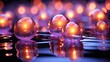 Glowing glass balls with reflection on water. Selective focus.