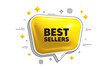 Best sellers tag. Chat speech bubble 3d icon. Special offer price sign. Advertising discounts symbol. Best sellers chat message. Speech bubble banner with stripes. Yellow text balloon. Vector