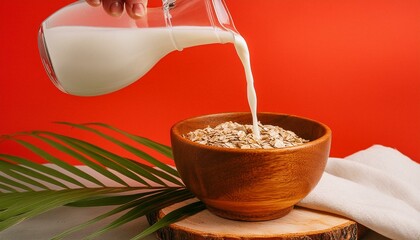 Wall Mural - Milk is poured into oatmeal in a wooden bowl. Aesthetic rustic breakfast concept.