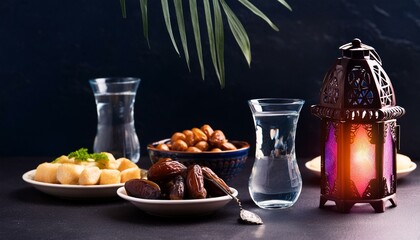 Wall Mural - Ramanad concept, iftar, table with arabic lantern lamps, water, dates and delicious arabic