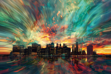 Wall Mural - A city skyline is reflected in the water, with the sun setting in the background
