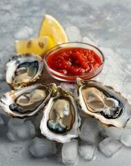 Poster - Plate of Oysters With Ketchup and Lemon Wedges