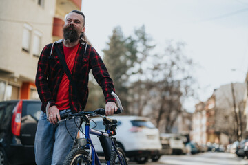 Remote working businessman in casual attire with bicycle on city street, soaking up the sunshine during a work break.