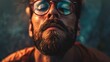 © Jesse - A close-up photo focuses on the lower half of a man's face with a blurred background. The man wears round, reddish-brown framed eyeglasses, which cover his eyes, the top part of which is cropped out o