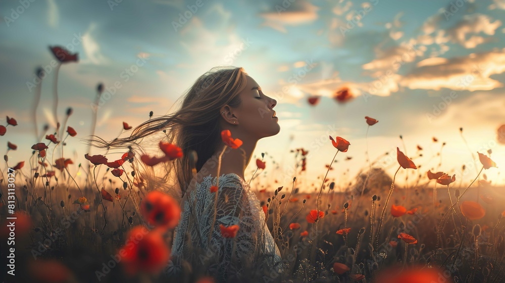 A young woman with long, flowing hair is in a field of red poppies ...