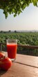Fresh tomatoes and juice on table, field in background. Harvested vegetables