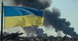 Ukraine flag flying proudly in the wind, smoke and destruction - aftermath of war