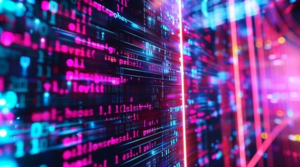 Wall Mural - neon-lit hacker code background, ideal for tech projects.