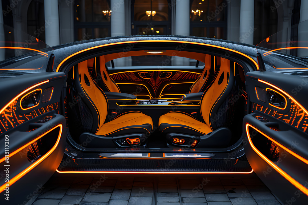 Luxurious car interior illuminated with orange ambient lighting. Modern ...